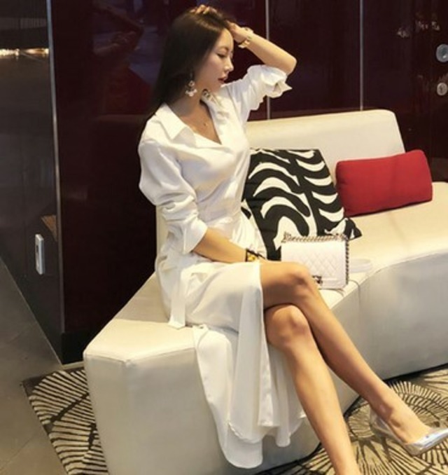 夏 秋 レディース ワンピース 大きいサイズ ホワイト 白 シャツ Yシャツ ロング丈 長袖 ハイウエスト シャツワンピース ロングワンピース おしゃれ かわいい 韓国 きれいめ プチプラ Sy 7 194 Dress Sugar Moon