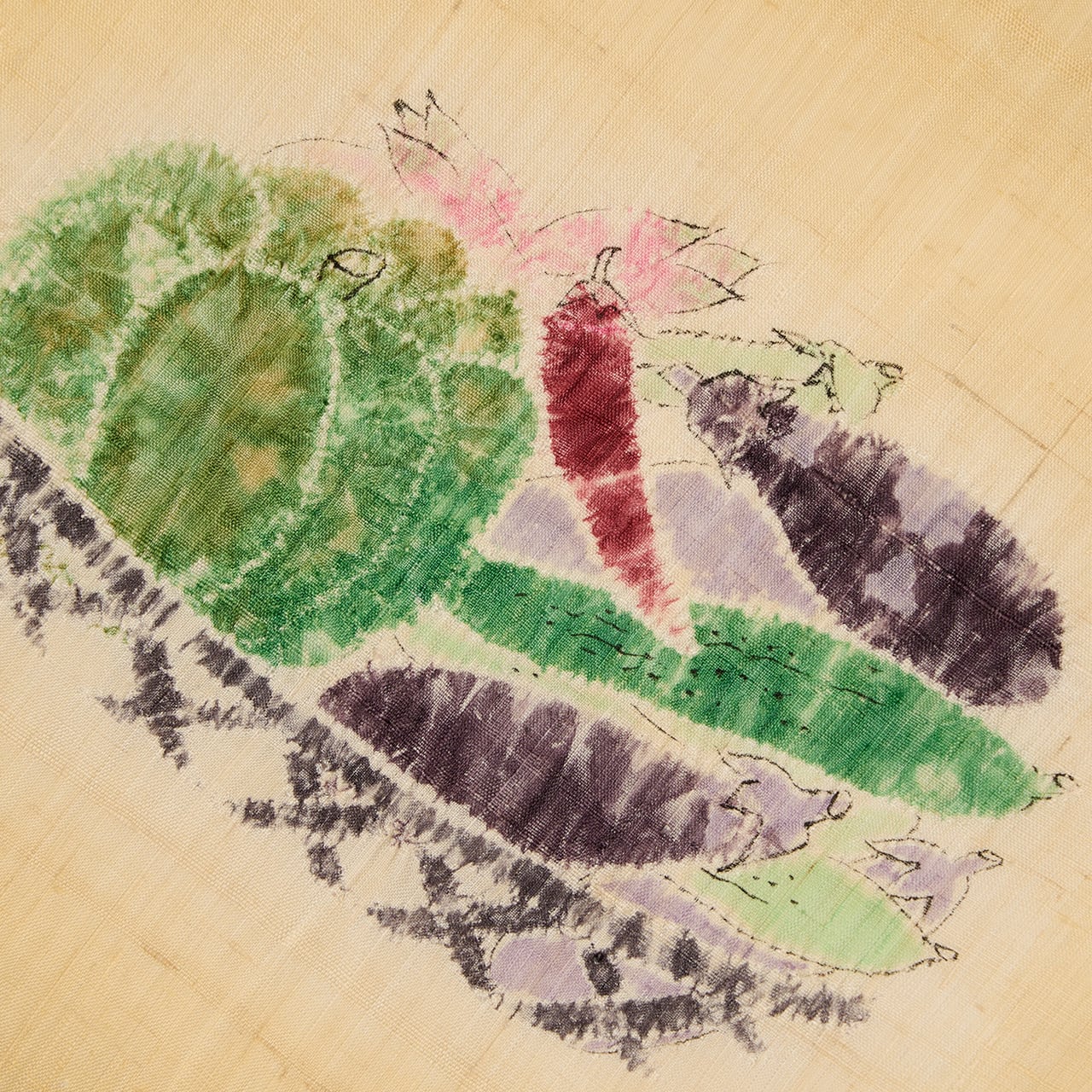 名古屋帯 夏帯 野菜柄 墨絵調 森健持 夏野菜の模様 辻が花染生紬夏名古屋帯【お仕立て上がり
