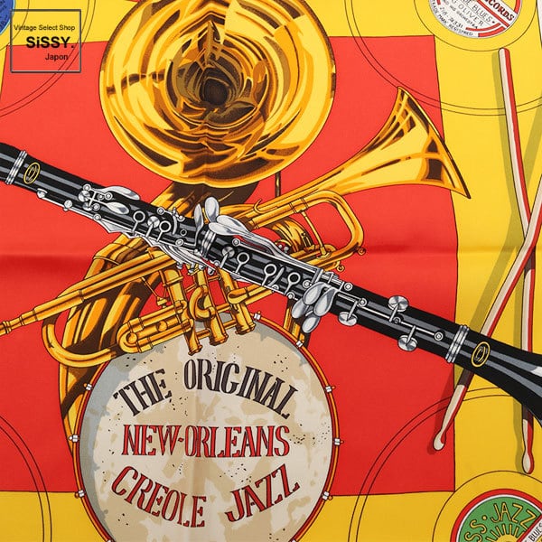 ■エルメス■ カレ90 スカーフ 「NEW ORLEANS THE ORIGINAL CREOLE JAZZ」 シルク オレンジ マルチカラー  【HERMES】（34101205）