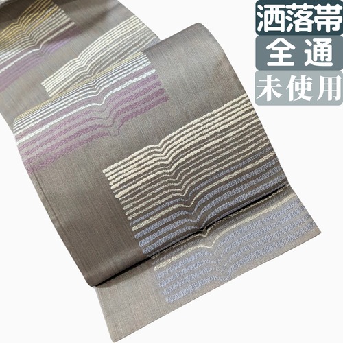 【長めで安心】洒落袋帯 正絹 モール織り 六通  ライトグレー未使用級 443cm