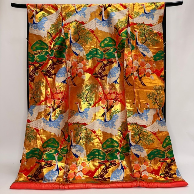 色打掛 正絹 鶴 刺繍 赤 金 打掛 花嫁衣裳 ポリエステル リサイクル 中古 ブライダル ウエディング 着物 6106