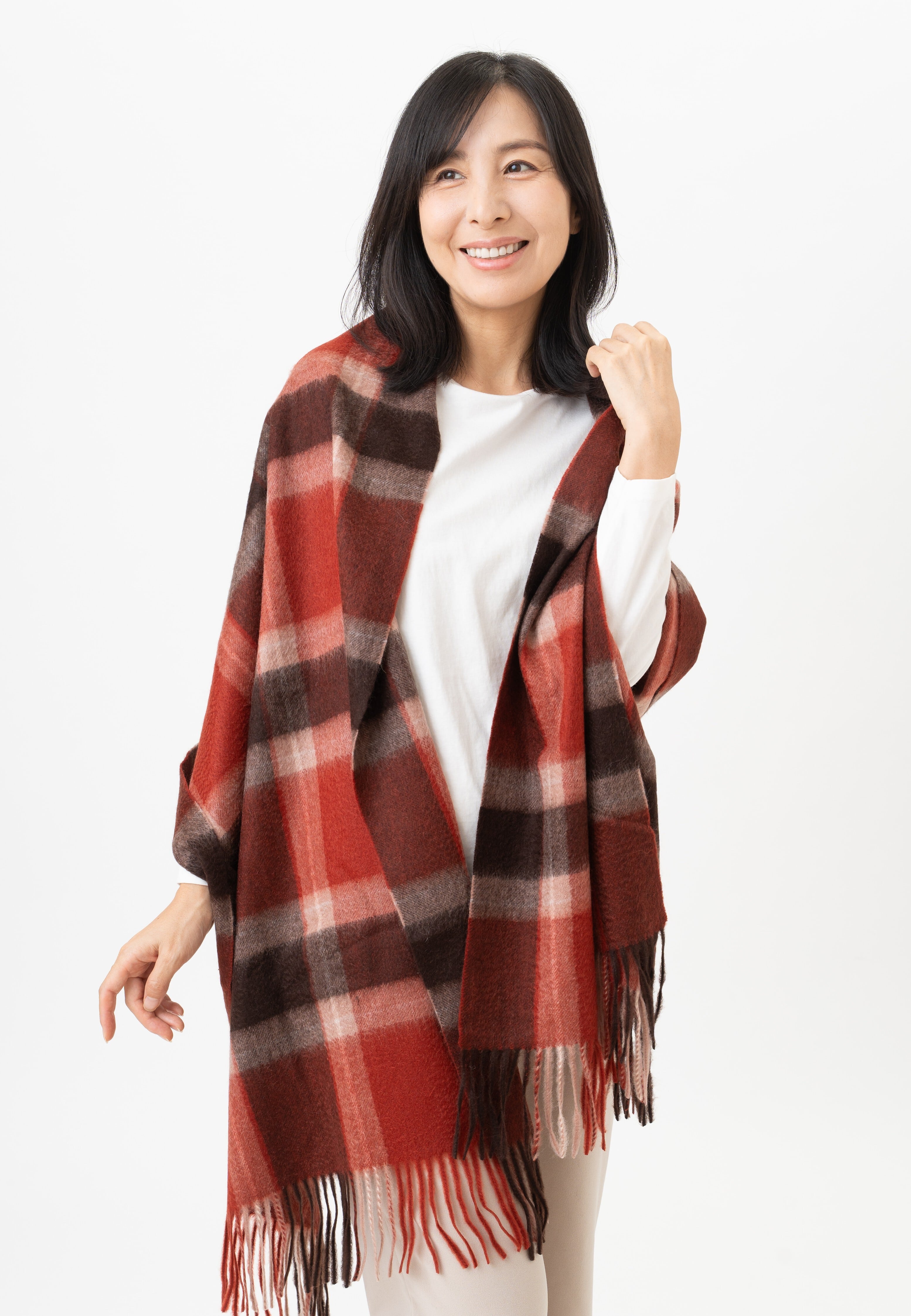 カシミヤ100%大判チェックストール Kamogawa - カモガワ/レッド 幅60cm×縦180cm(本体部分)+10cm×2(房部分)