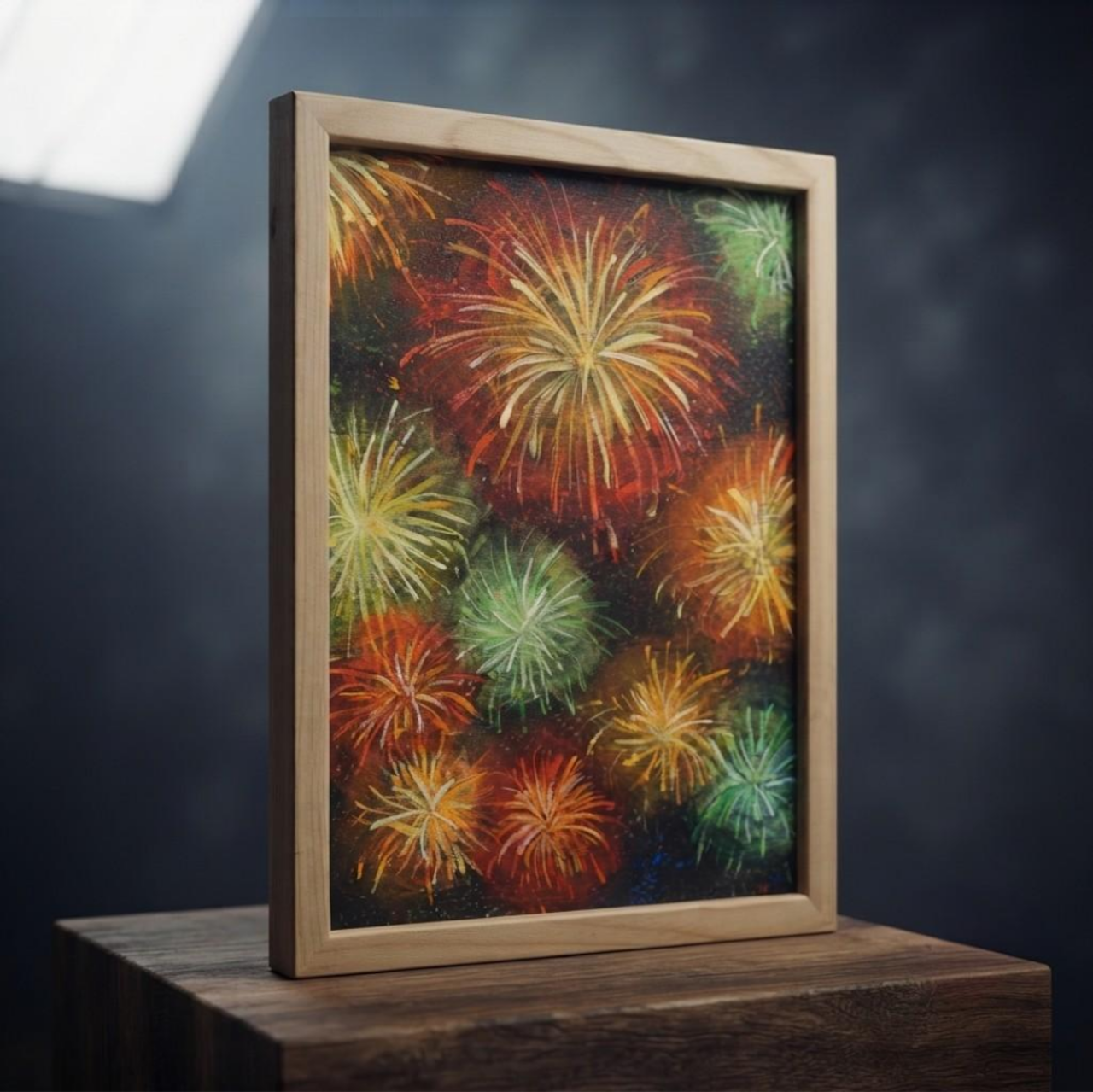百花繚乱の夜に】 油絵 原画 『花火』 額縁付き / 夏のインテリア