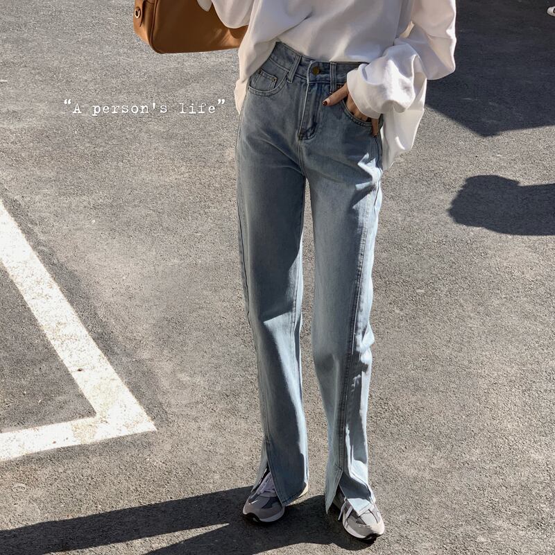 ジーンズ ハイウェスト薄手スプリングルーズパンツ レッド 春物 ブラックストロベリース56264998396