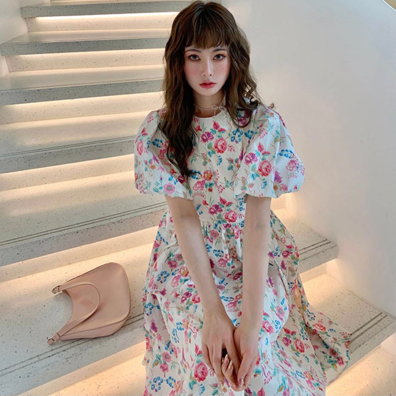 ピンク花柄パフスリーブワンピース ロマンティックワンピース | LILIANA