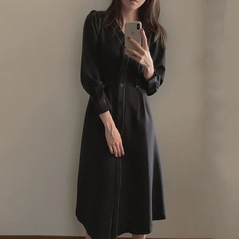 Vネックシックなロングワンピース ◆2col YH8642