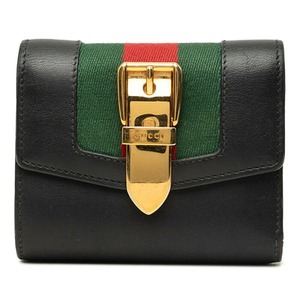 グッチ シェリーライン シルヴィ 三つ折り財布 476081 ブラック ゴールド レザー レディース GUCCI 中古