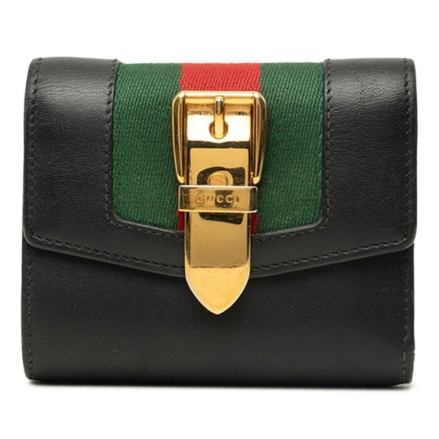 グッチ シェリーライン シルヴィ 三つ折り財布 476081 ブラック ゴールド レザー レディース GUCCI 中古
