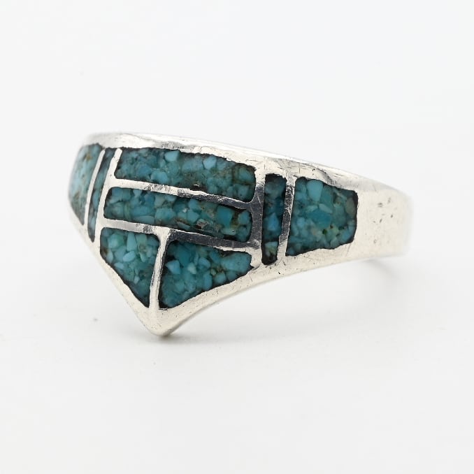 Crushed Turquoise Inlay Triangle Top Design Ring #14.0 / USA