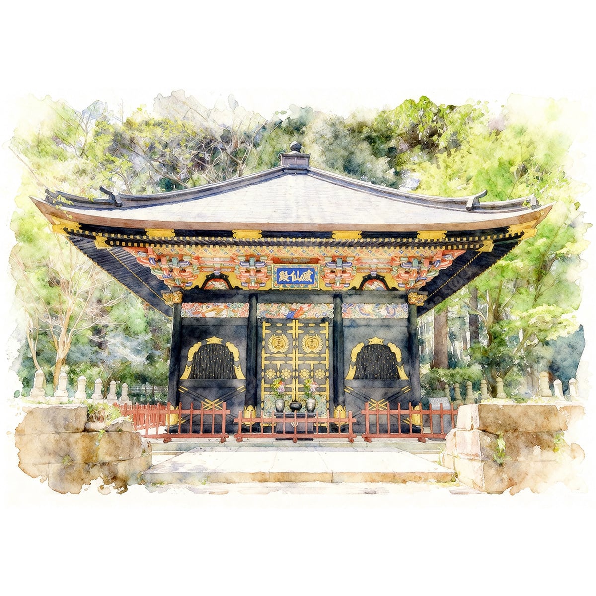 絵画(風景画) 日本 宮城県 仙台 瑞鳳殿 インテリアアート額付き 水彩画調 WAT1810