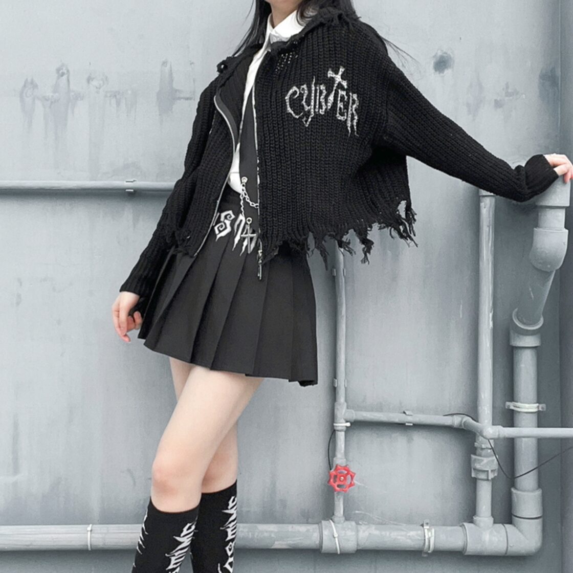 Miubオリジナル パンク 長袖 ルーズ カーディガン フード付き 