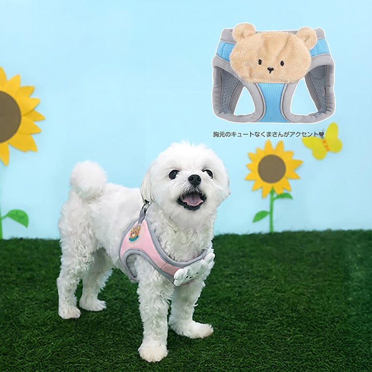 soft bear harness S ～ L 2color / 犬用 ハーネス 胴輪 リード 光る 夜のお散歩 メッシュ素材 サイズ 調節 通気性 可愛い 犬ハーネス お出かけ 散歩 小型犬 中型犬 韓国ワンコ服 クマ柄 お揃い