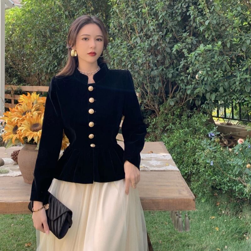 ショートコート スタイルベルベットブラックカジュアルトップス オータムウィンター レース 秋物 冬物 ブラックストロベリース94345302350