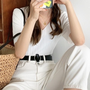 サマーニット リブ 半袖 レディース 春 夏 接触冷感 韓国 薄手 大人 きれいめ シンプル Vネック 柔らかい 涼しい 伸縮性 リブニット トップス 大人可愛い 大人女子