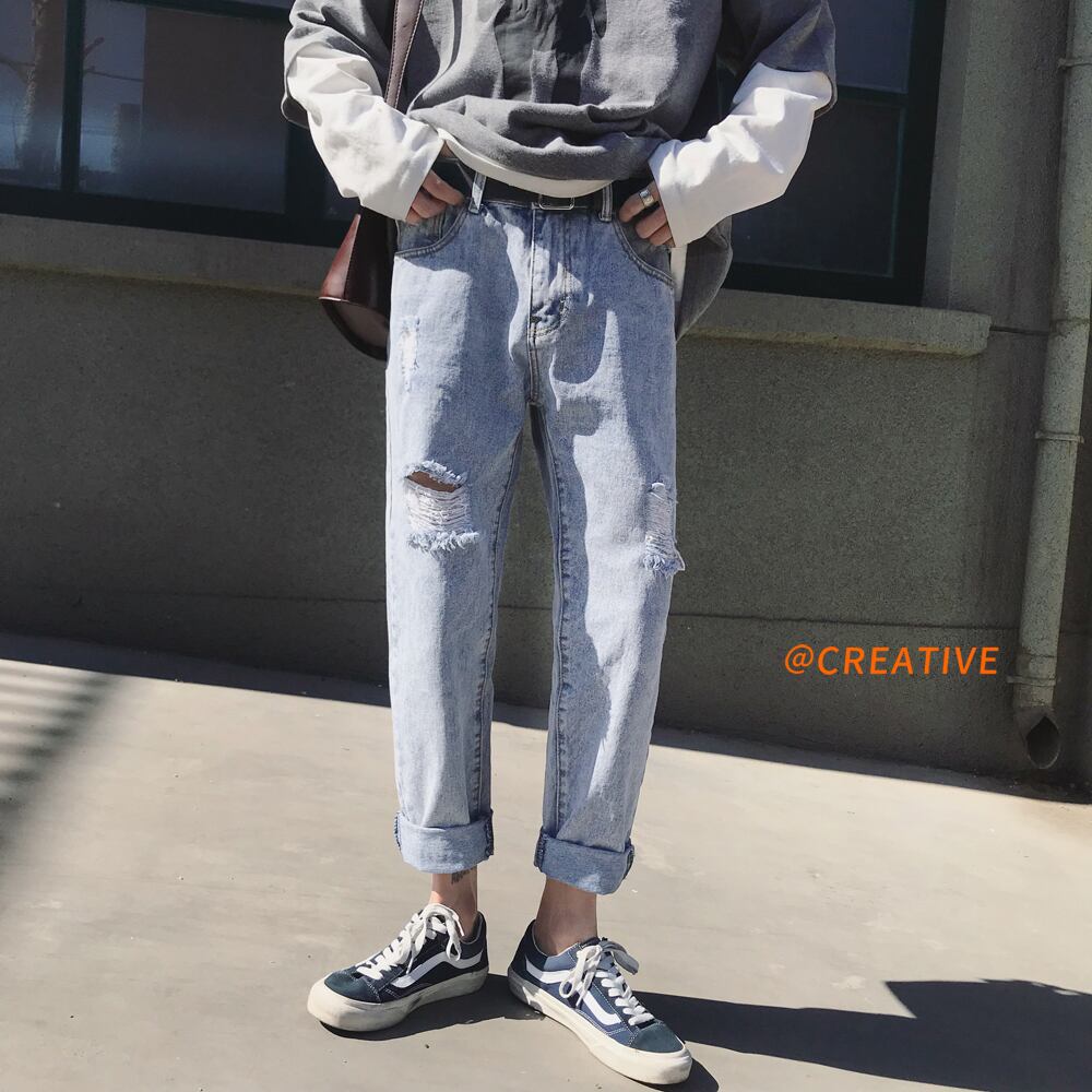 全1色 デニム パンツ ストレート カジュアル ワイド クラッシュ