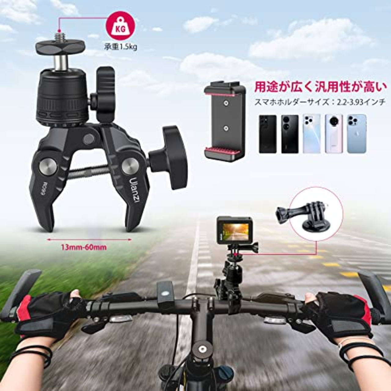 Ulanzi スーパークランプ 360°雲台 カメラマウント 1/4ネジ カメラホルダー Gopro用 緩み防止 蟹バサミクランプ モニターサポート/液晶モニター/アクションカメラ/一眼レフ/自転車・バイク・Goproに対応