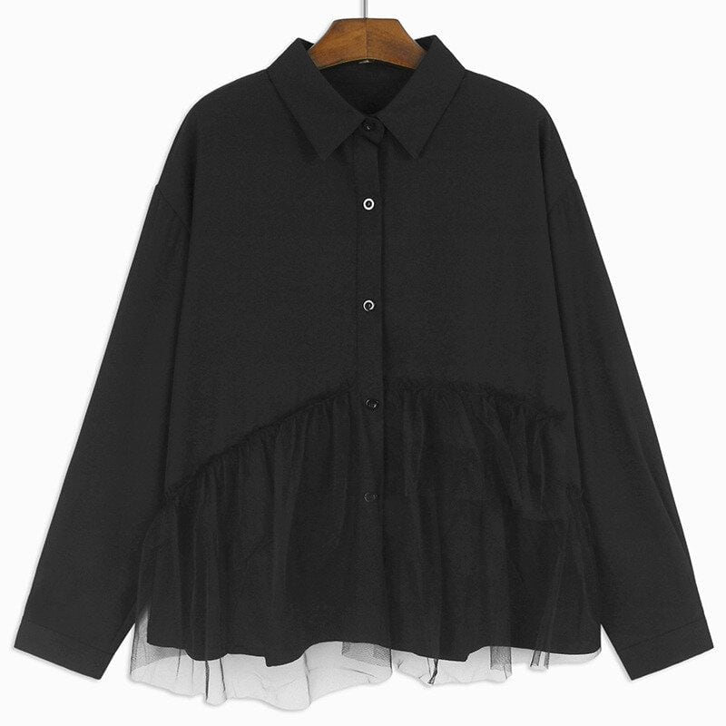 SOLID MESH FRILLED LONG SLEEVES SHIRT 3colors M-15110