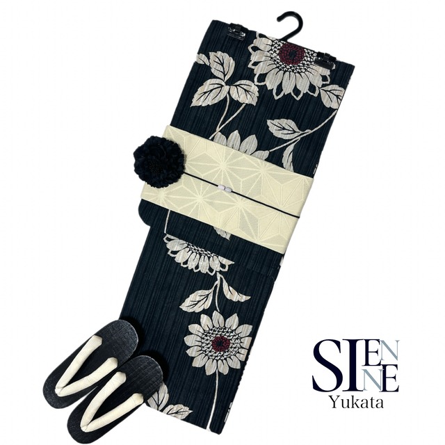 浴衣ジェンヌ 浴衣5点セット 向日葵  綿 ゆかた 半幅帯 浴衣 黒地 ひまわり ベージュ