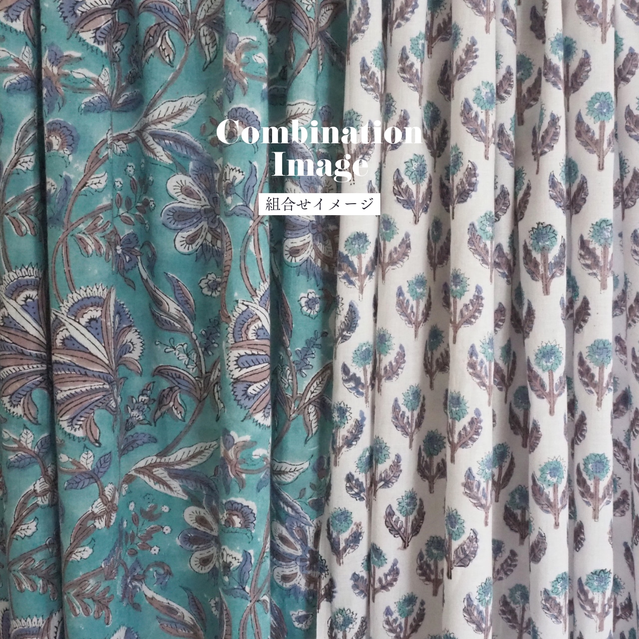 ブロックプリント生地【50cm単位】インド綿 小花柄 白×グリーン×グレージュ #39880-GR2