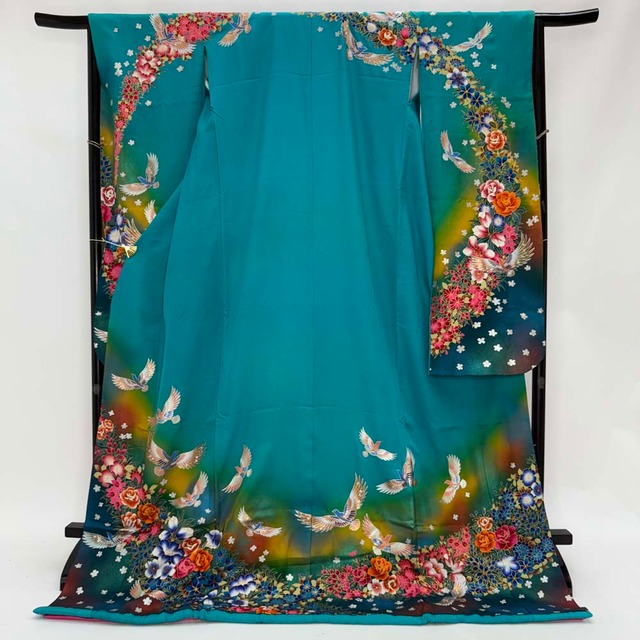 本振袖 引き振袖 正絹 緑色 花柄 古典 刺繍 結婚式 裄66.5cm 身丈188cm Cランク 花嫁衣装 Mサイズ 4935