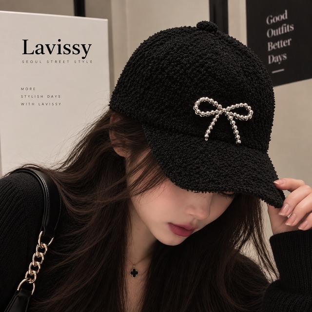 bijou ribbon accent boa material straight visor baseball cap la1363