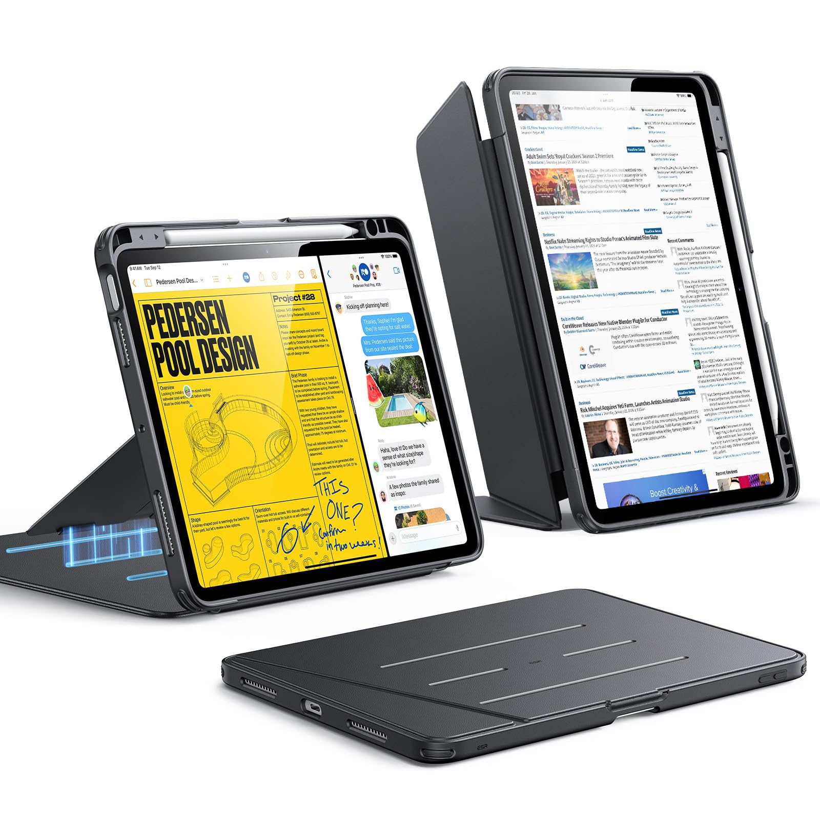 ESR iPad Air 11インチ ケース M4/M3/M2(2026/2025/2024)iPad Air 第5/4世代(2022/2020)対応 ペン収納 三つ折りスタンド 縦横対応 多角度調整 耐衝撃 全面保護 オートスリープ Pencil Pro/USB-C対応 Flipシリーズ ブラック