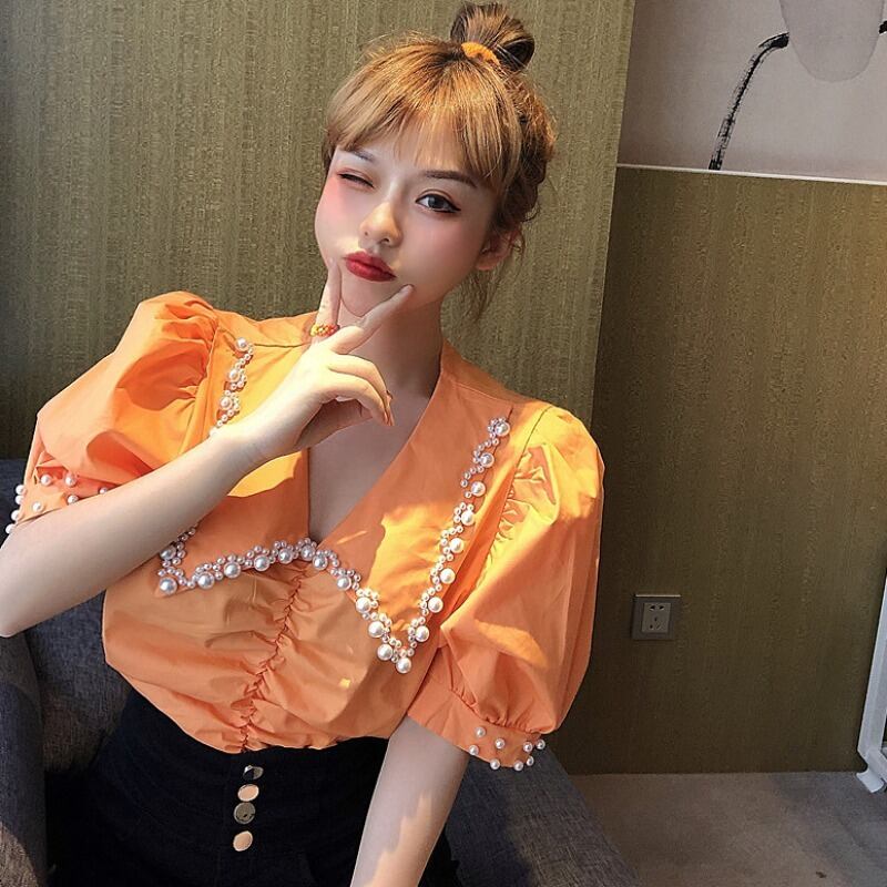 シャツ サマーカラー薄手スリーブプリーツトップス 大人ガーリー スウィート キュート カジュアル 夏物 ハンチェンe37401001902