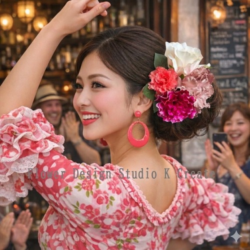 ホワイトピンクの薔薇とローズピンクのカーネーションの髪飾り　フラメンコ　フローレス　バラ　モーブ　アジサイ　髪飾り　ダンス　フォーマル　パーティー