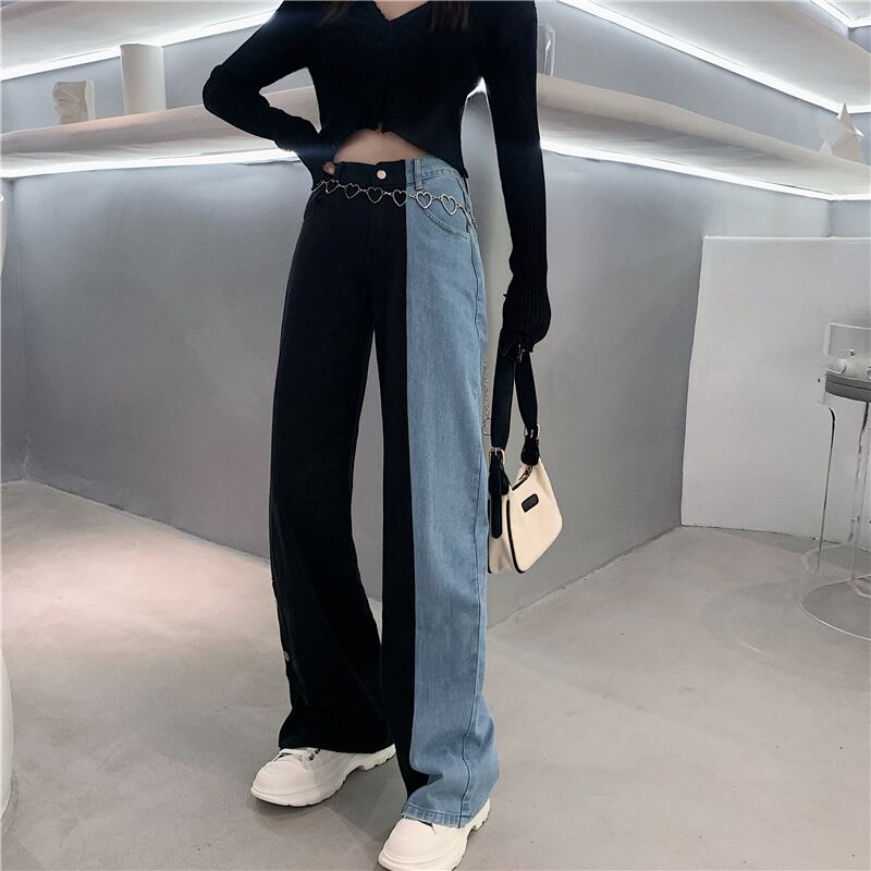 カラージーンズ サマー薄手ハイウェストウェストルーズワイドレッグパンツ 夏物 ワイドパンツ ブラックストロベリース22406087417