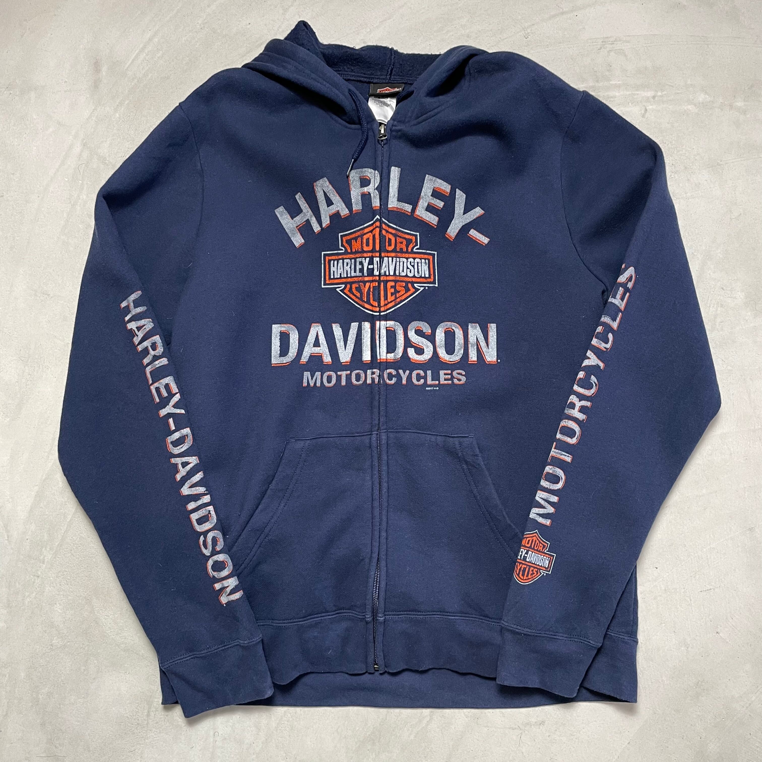 ハーレーダビッドソン フロントプリント フロントロゴ スウェット フルジップパーカー メンズL 古着 トレーナー Harley-Davidson バイク モーターサイクル ネイビー 紺 【パーカー】
