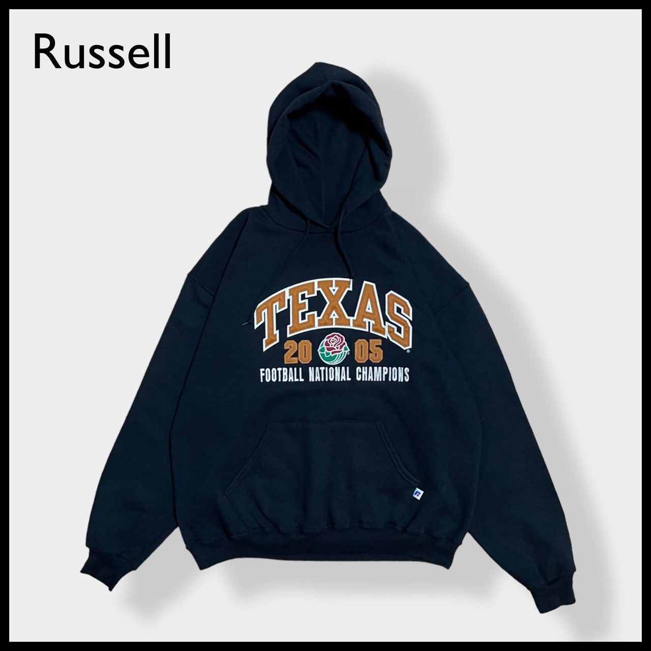 【Russell】カレッジ テキサス大学 TEXAS フットボール 刺繍 アーチロゴ ローズボウル Rose Bowl スウェット パーカー フーディー プルオーバー XL ラッセルUS古着