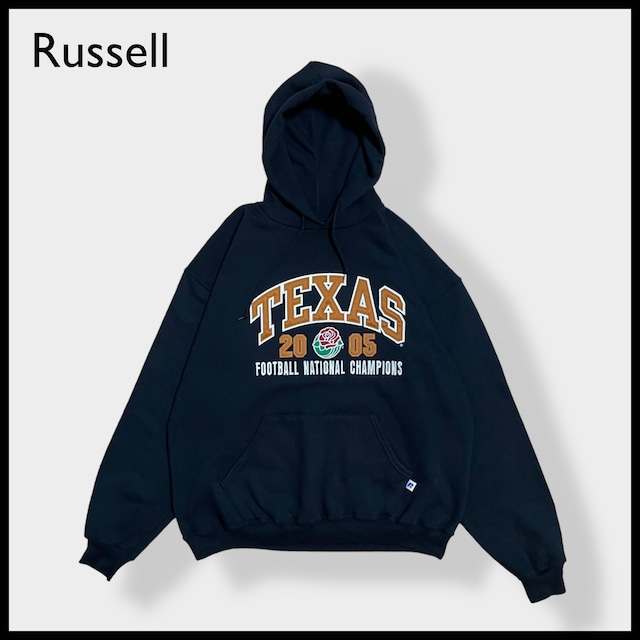 【Russell】カレッジ テキサス大学 TEXAS フットボール 刺繍 アーチロゴ ローズボウル Rose Bowl スウェット パーカー フーディー プルオーバー XL ラッセルUS古着