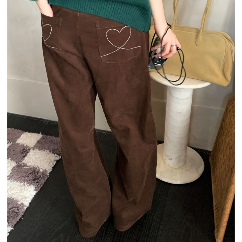 corduroy wide-leg pants with heart embroidery　J00229