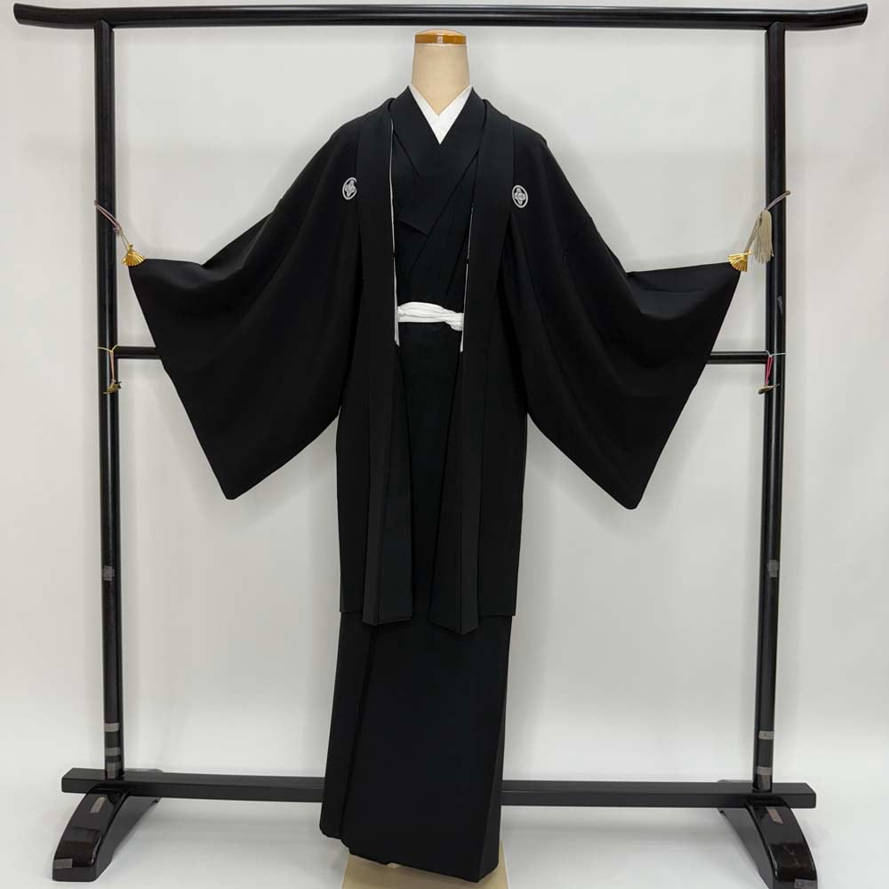 男紋付 2点セット 男着物 紋付 ポリエステル 羽織 長着 裄72.5cm L size 黒 五つ紋 中古 成人式 5046