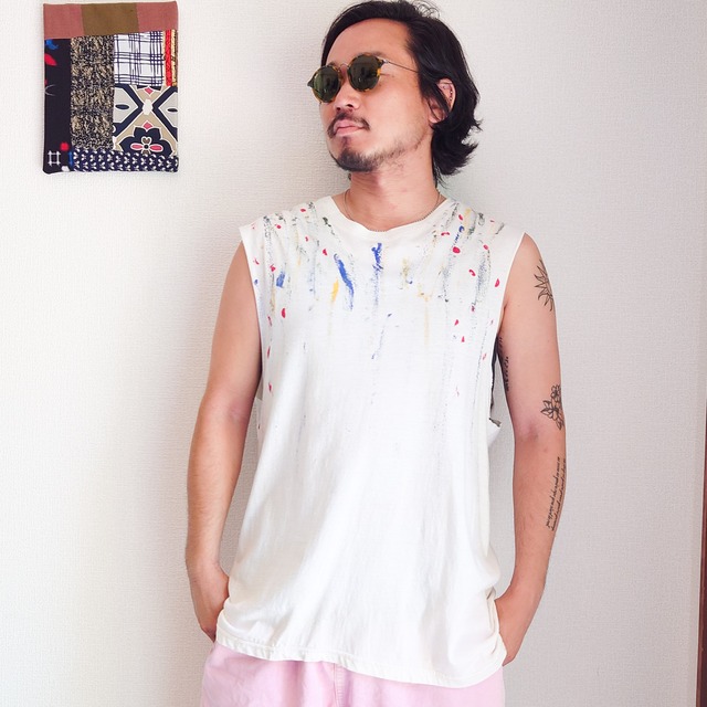 Acote 珈琲染 ノースリーブ Tシャツ ペイント アート 着物リメイク 夏フェス