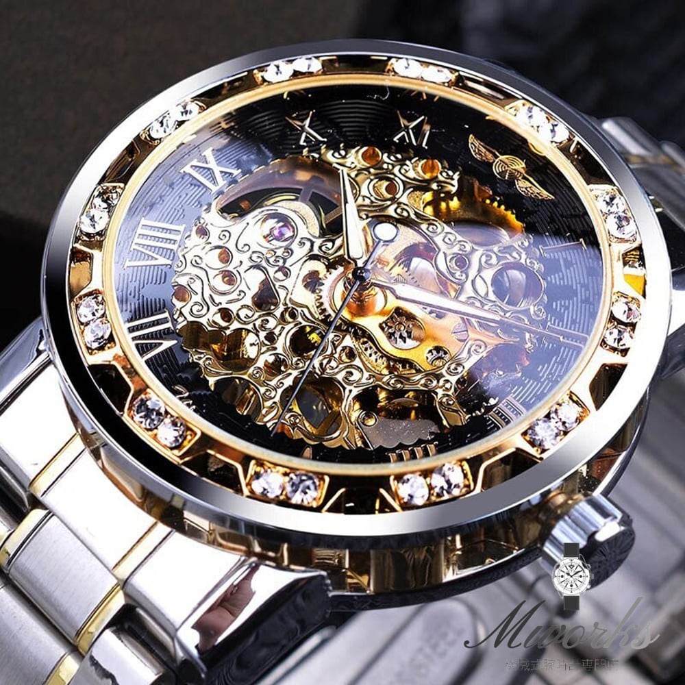 【Gold Black】男性用機械式スケルトン腕時計 ビジネスギフト シルバー ダイヤモンド 動き 機械式腕時計 メンズウォッチ  T230721213218_01