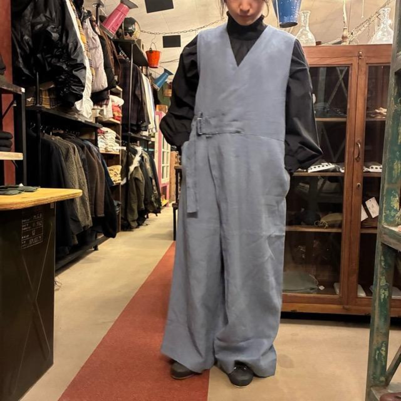 UNIVERSAL TISSU Triple Washed Linen Cotton Wrap Culotte Overalls in Smoky Blue