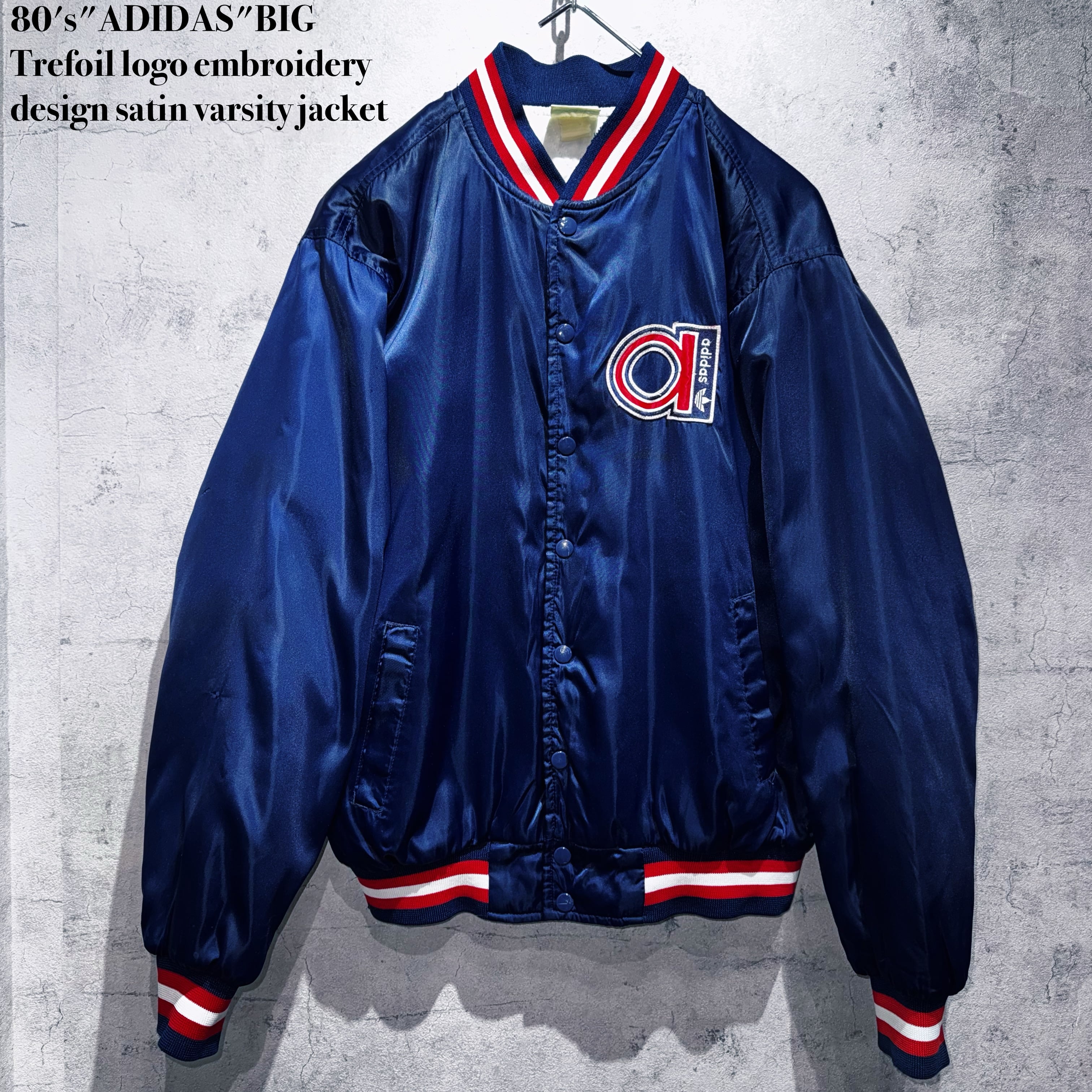 80's"ADIDAS"BIG Trefoil logo embroidery design satin varsity jacket
