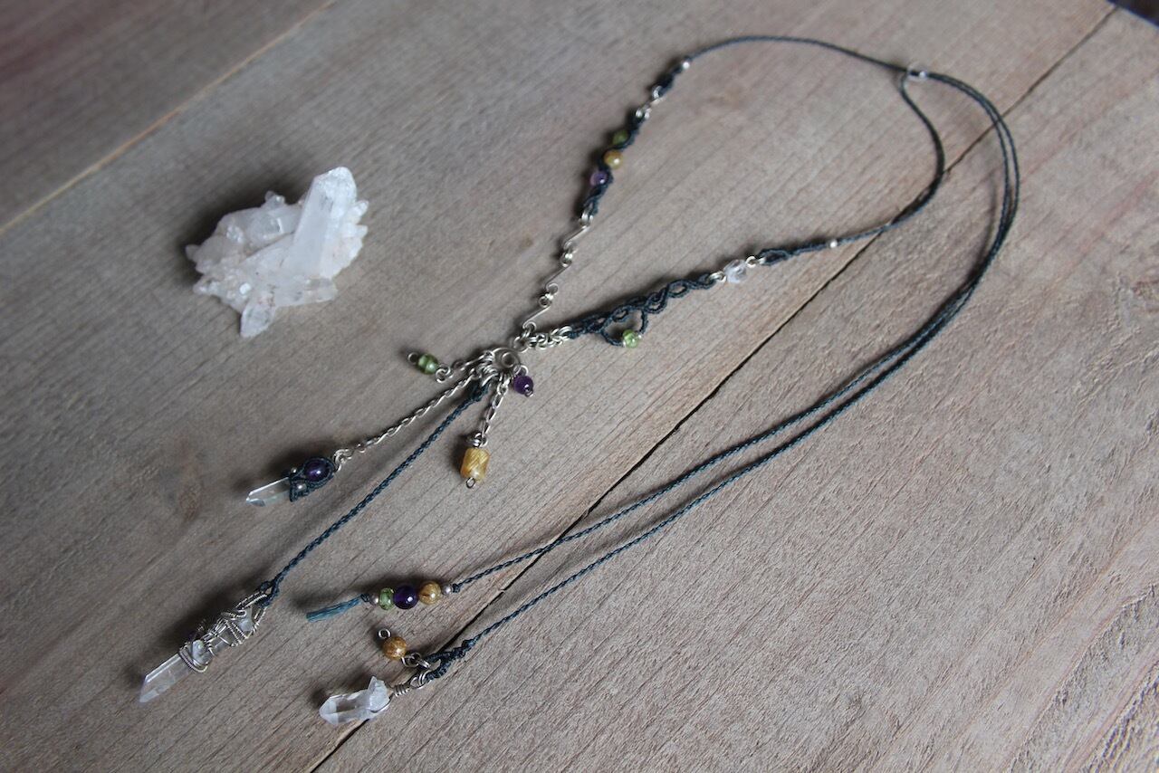 Crystal mix wire wrapping micromacrame necklace