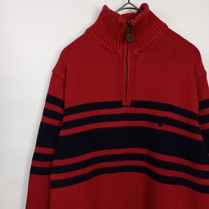 NAUTICA　ハーフジップ　ミドルゲージ　コットンニット　セーター　ボーダー　中厚手　刺繍ロゴ　レッド　S