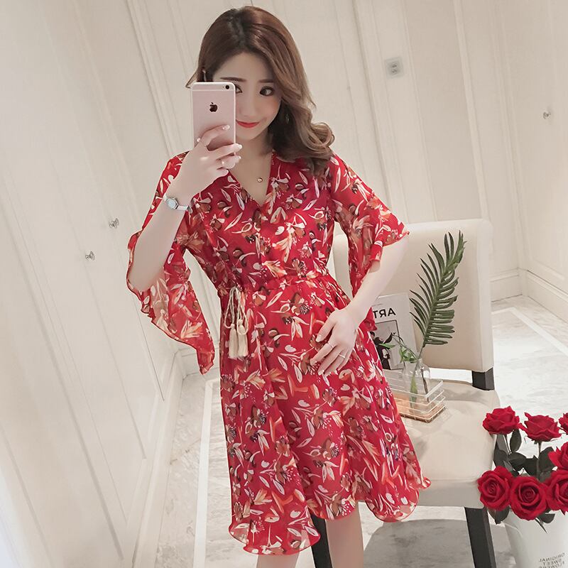 【新作】【送料無料】 マタニティウェア2020夏の新しいファッションシフォンカラードレス、トレンディなマザーミドル丈Vネックプラスサイズのマタニティドレス-アリババ 大きめサイズ サマー 夏物 expec256808946689