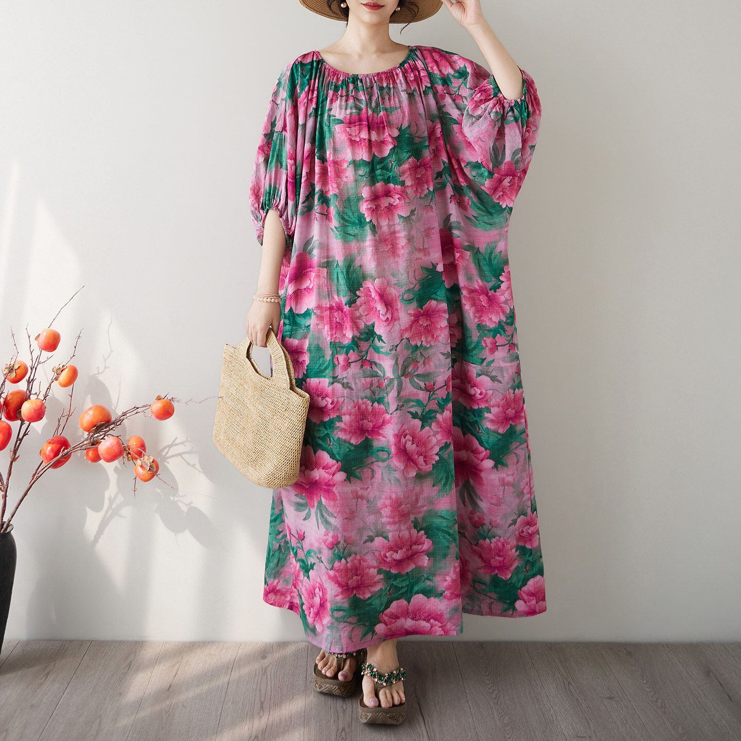 FLORAL PRINT PUFF SLEEVE RELAXED MAXI DRESS M-17664