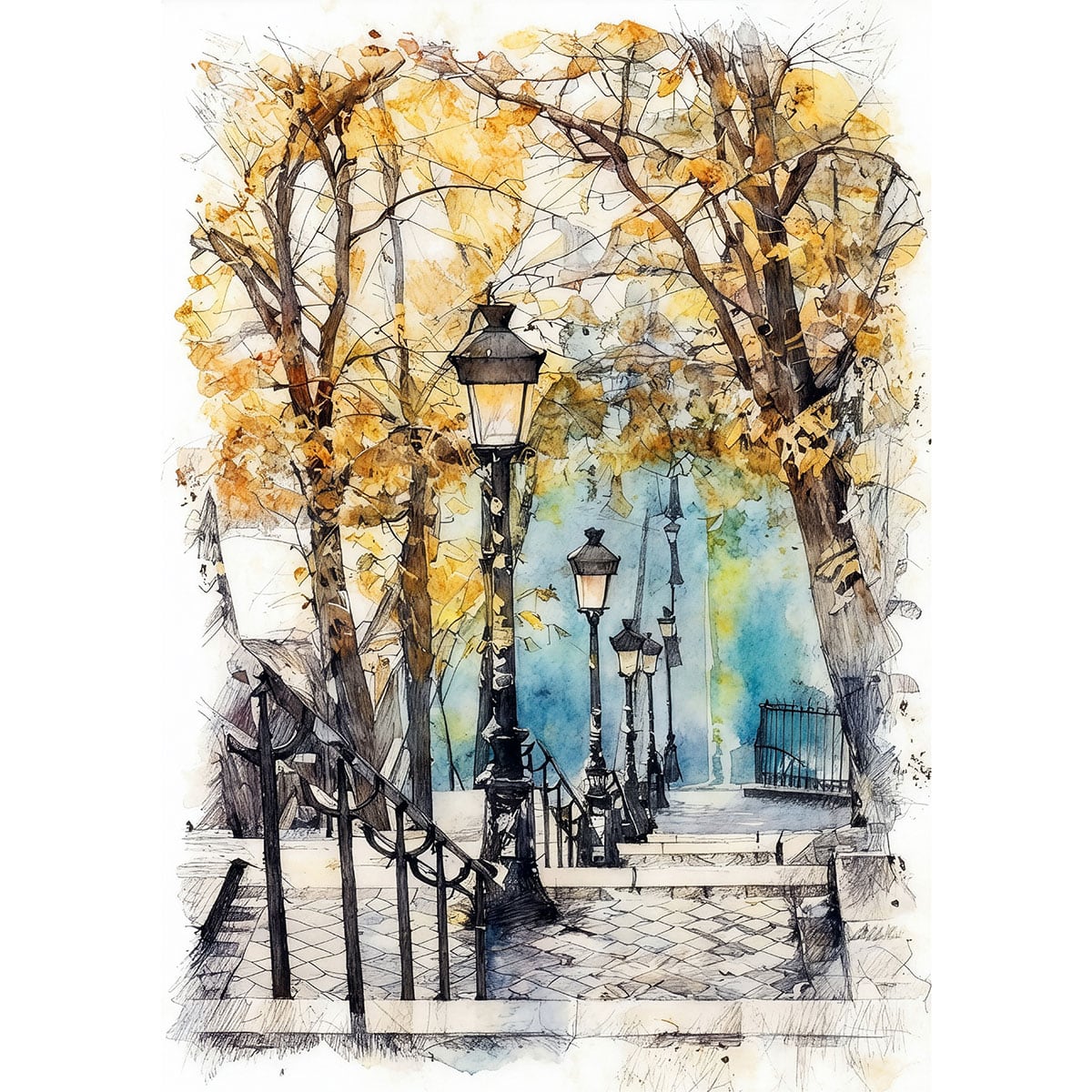 絵画 フランス 風景画(街並み) モンマルトルの階段 インテリアアート額付き 水彩画・油絵調 WAT0481