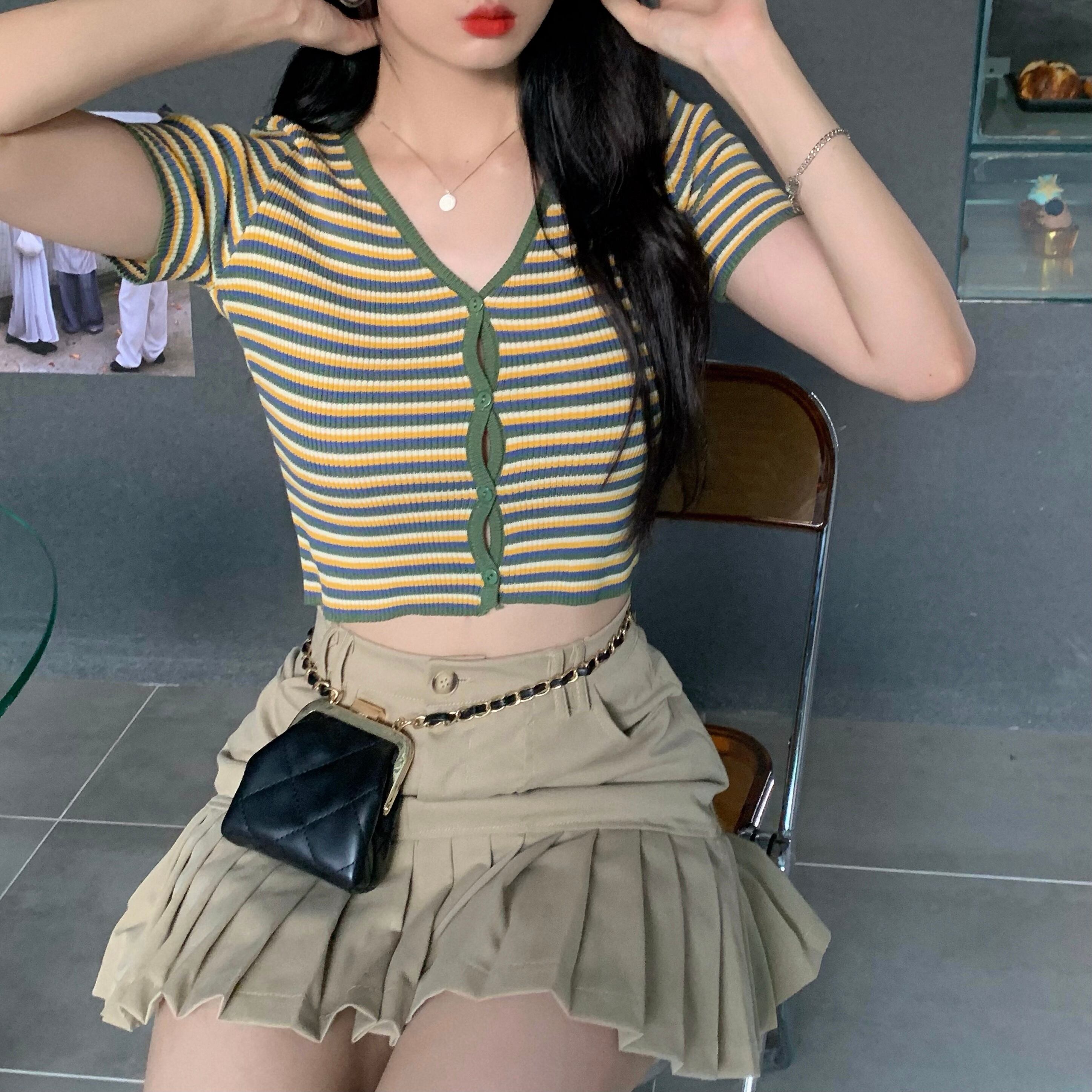 スタンダードショートトップス サマーカラーニットTシャツ レトロ 夏物 ドラファッションホール27283458624