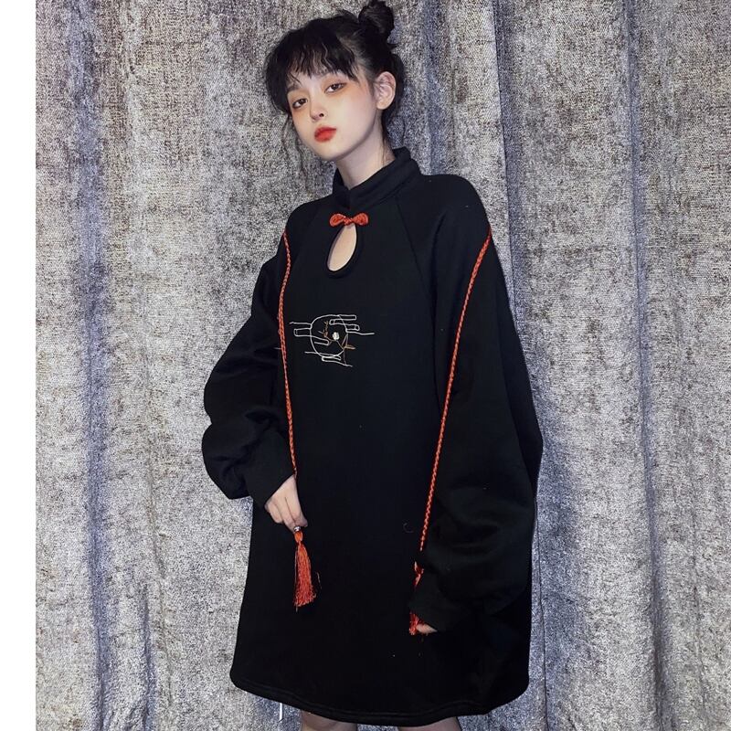 チャイナ風ワンピース チャイナドレス 中華服 原宿風 ブラック レッド ゆったり スタンドネック Elegant
