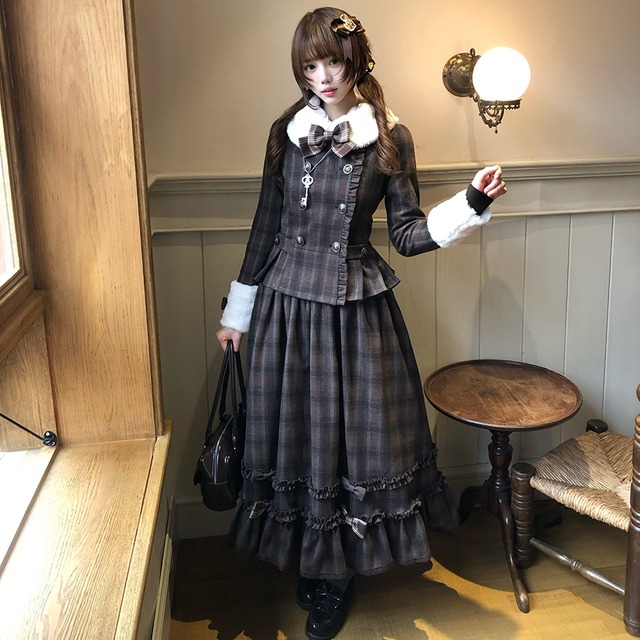 レトロクラシカル 森ガール セットアップ ロングスカート チェック柄 ブラウン｜天使と悪魔