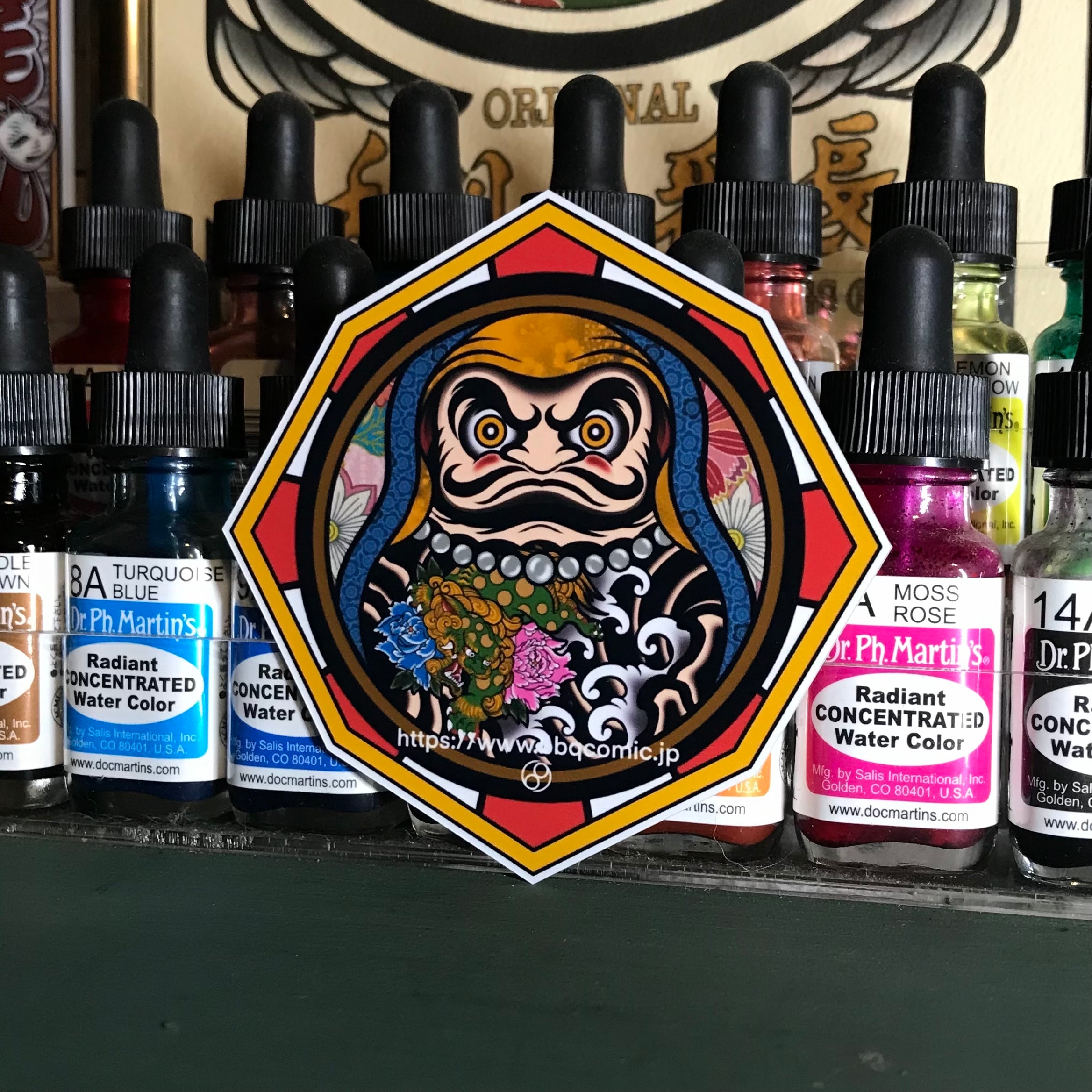 ステッカー 八角 刺青黄達磨 唐獅子牡丹 千社札とシェイクハンド