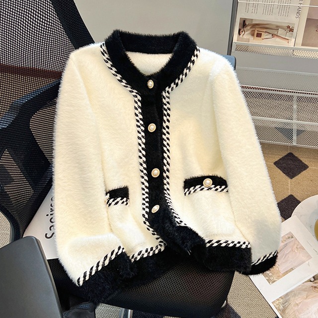 トップス セーター ミンク風  長袖 配色 エレガント ベージュ ブラック