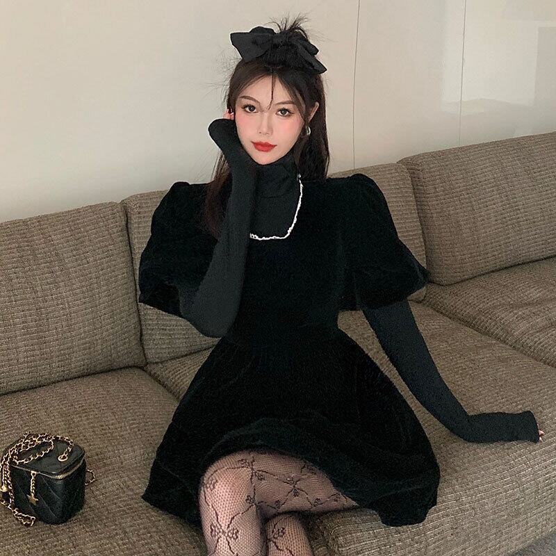 ベルベットドレス スプリングウェストブラックスカート 大人ガーリー スウィート キュート カジュアル 春物 萌量不足28090685957