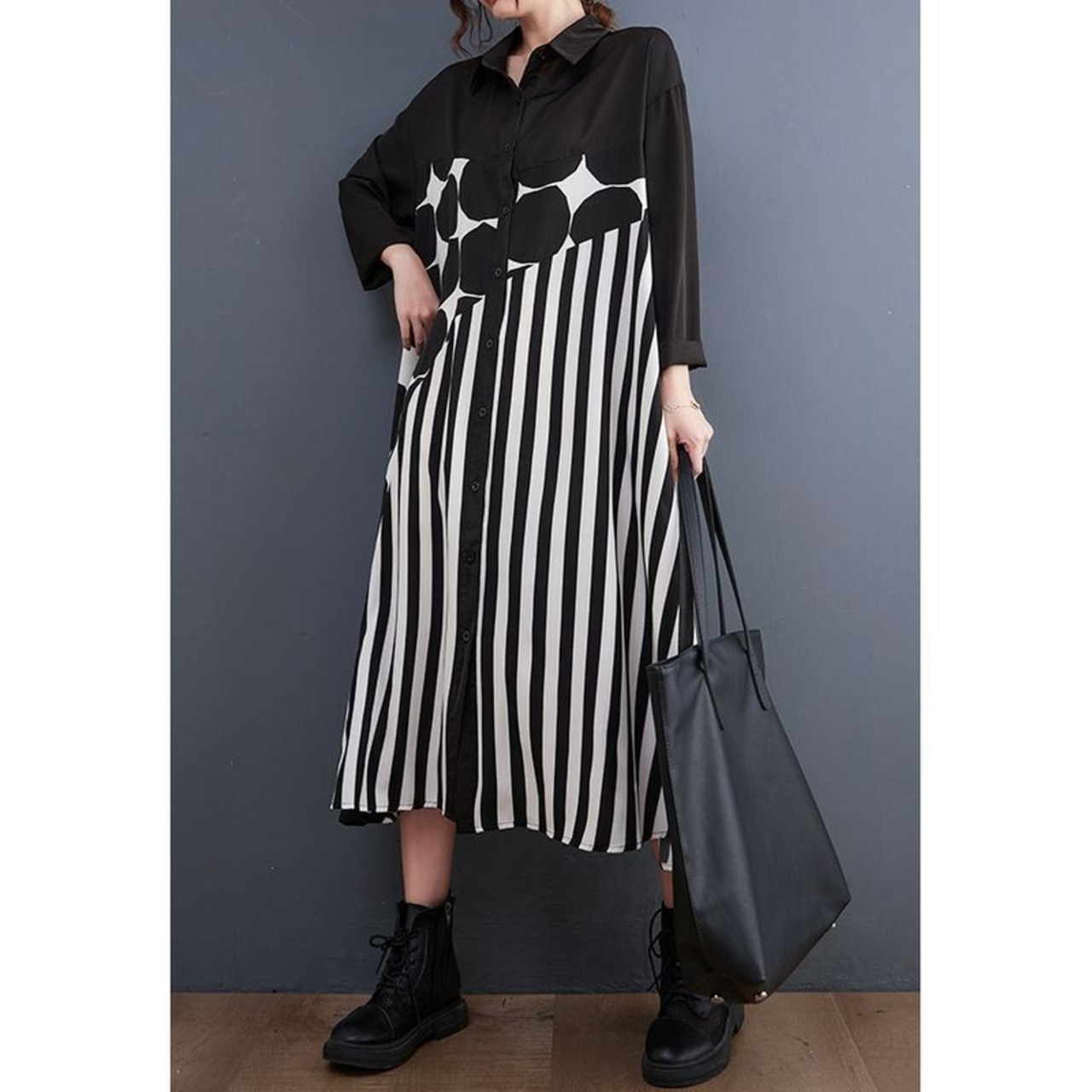 水玉模様 切り替えデザイン シャツワンピース 00102